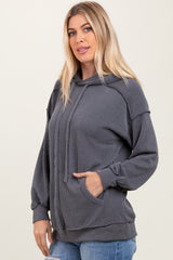 Charcoal Ribbed Front Pocket Drawstring Hoodie