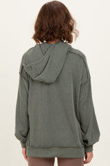 Olive Ribbed Front Pocket Drawstring Hoodie