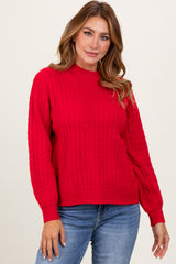 Red Cable Knit Mock Neck Bubble Sleeve Maternity Sweater