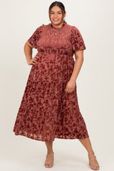 Mauve Floral Velvet Print Smocked Maternity Plus Midi Dress