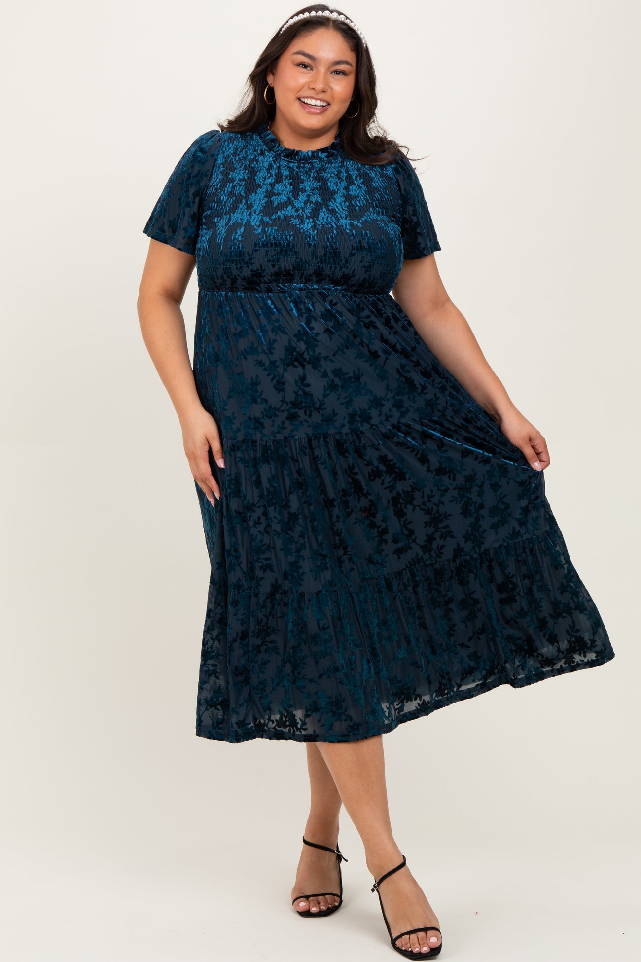 Navy Floral Velvet Print Smocked Plus Midi Dress
