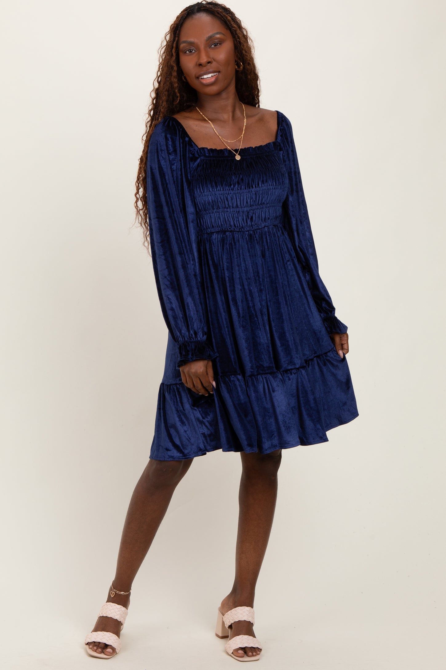 Navy Velvet Smocked Long Sleeve Maternity Dress
