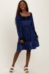Navy Velvet Smocked Long Sleeve Maternity Dress