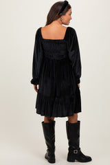 Black Velvet Smocked Long Sleeve Maternity Dress