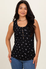 Black Floral Print Ribbed Henley Sleeveless Maternity Top