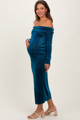 Teal Shiny Velour Off Shoulder Maternity Midi Dress