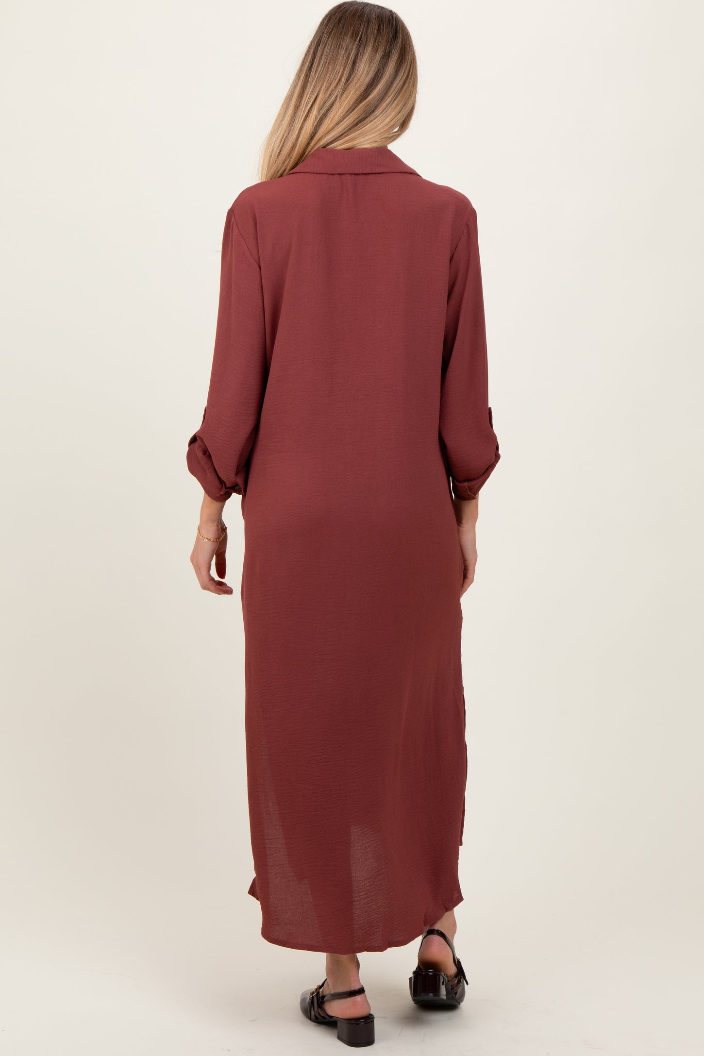Rust Long Sleeve Button Down Maternity Maxi Dress