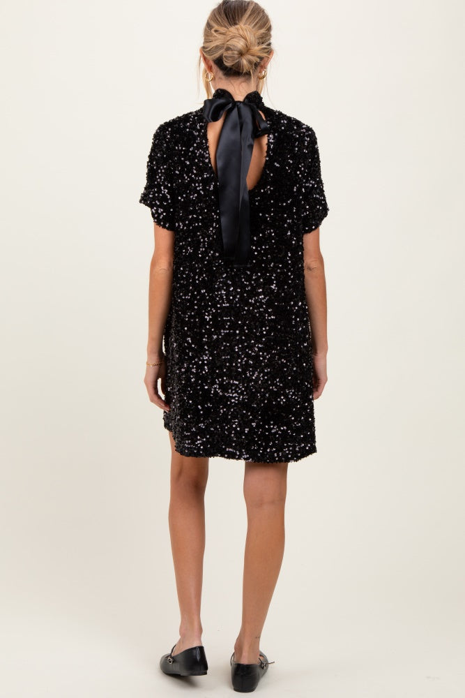 Black Sequin Mock Neck Tie Back Maternity Dress