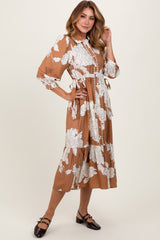 Camel Floral Print Cinched Tie Waist Shirt Dress