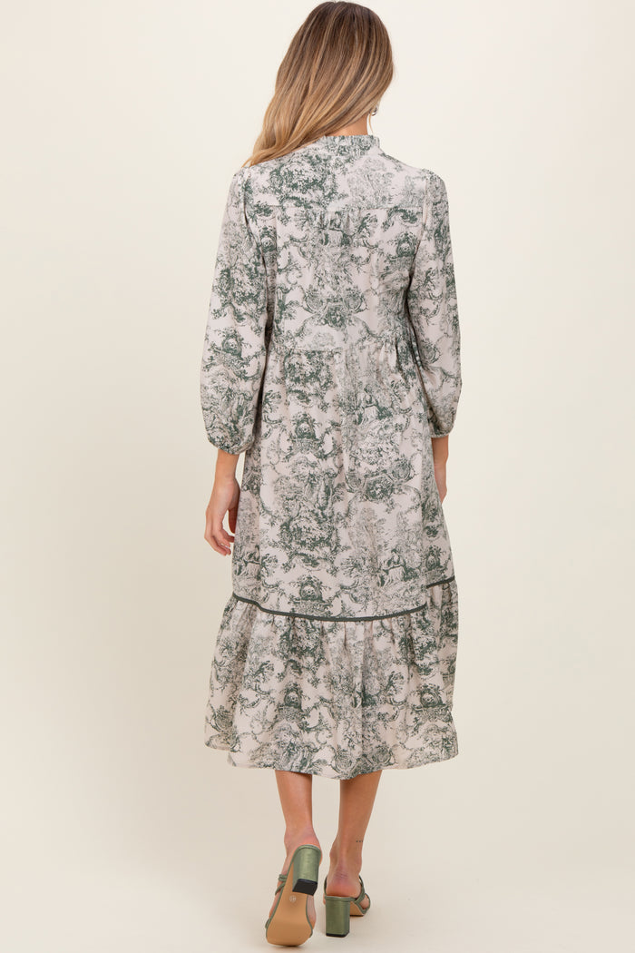 woman wearing a floral printed maternity dress with three-quarter sleeves and a tiered hem, viewed from the back