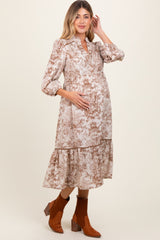 Brown Printed Split Ruffle Collar Maternity Midi Dress