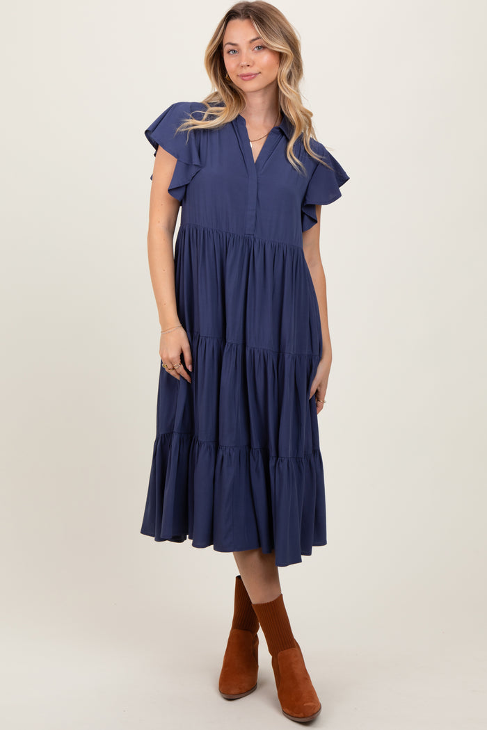 Navy Blue Ruffle Sleeve V-Neck Tiered Maternity Midi Dress