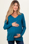 Teal Front Seam V-Neck Side Slit Maternity Sweater