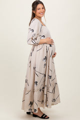 Cream Floral Square Neck Maternity Midi Dress