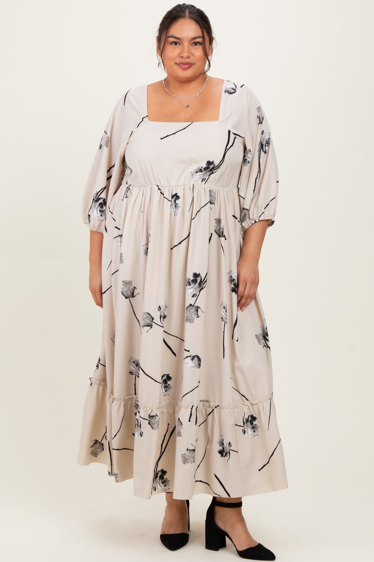 Cream Floral Square Neck Plus Midi Dress