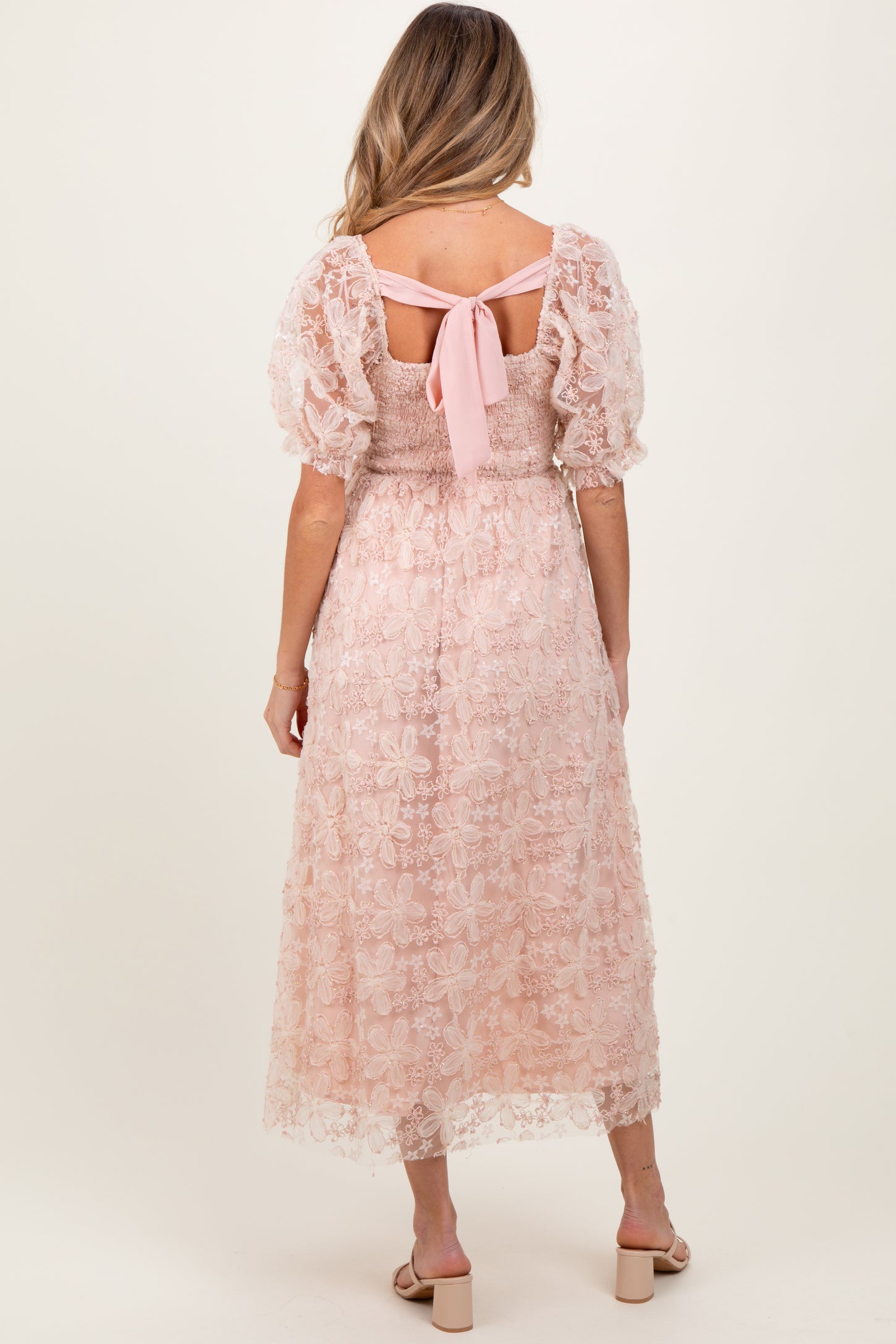 Light Pink Floral Mesh Overlay Tie Back Maternity Midi Dress