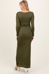 Olive Basic Square Neck Long Sleeve Maternity Maxi Dress