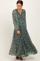 Green Floral Chiffon Lace Trim Back Tie Maxi Dress