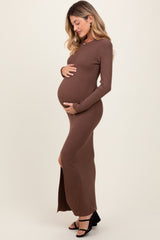 Mocha Ribbed Knit Long Sleeve Side Slit Maternity Maxi Dress