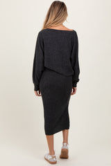 Charcoal Ribbed Knit Asymmetric Top Midi Skirt Maternity Set