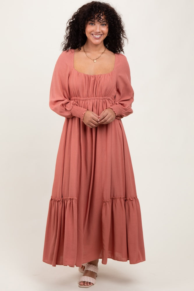 Mauve Square Neckline Bubble Sleeve Maxi Dress