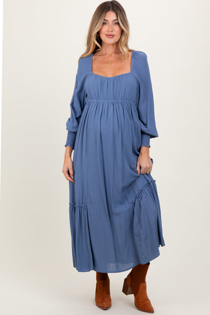 Blue Square Neckline Bubble Sleeve Maternity Maxi Dress