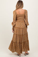 Camel Floral Button Accent Bodice Tiered Maternity Maxi Dress