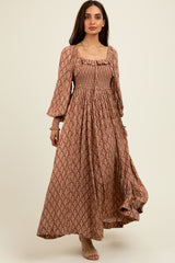 Mocha Damask Print Smocked Ruffle Accent Maternity Maxi Dress