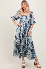 Navy Floral 3/4 Puff Sleeve Maxi Dress