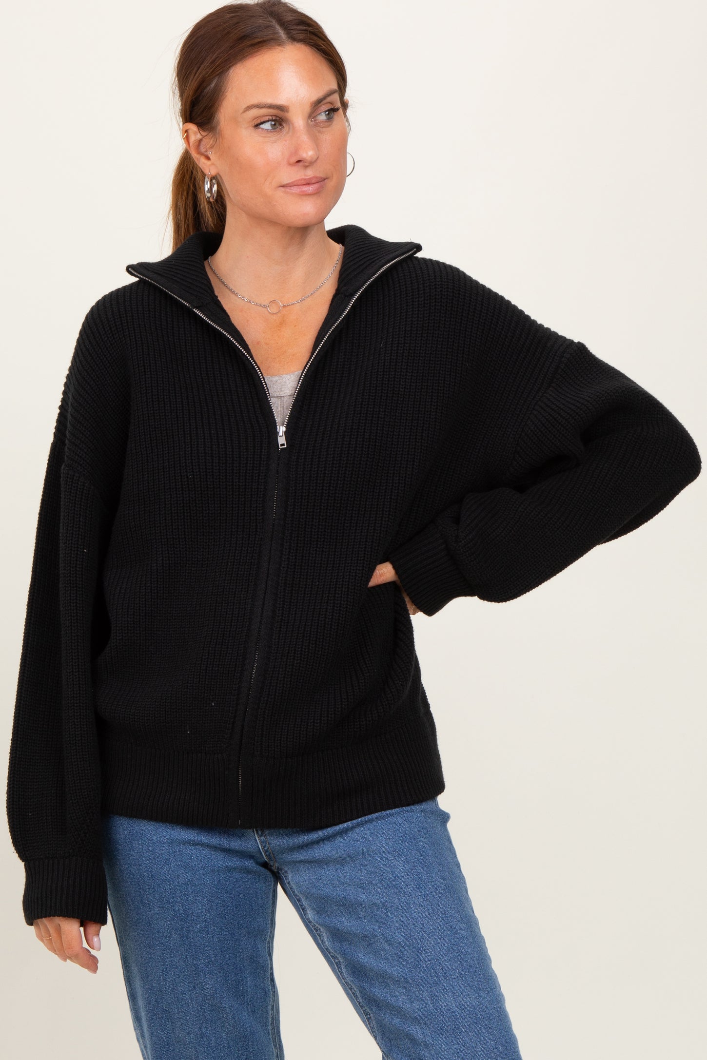 Black Oversized Zip Up Cardigan