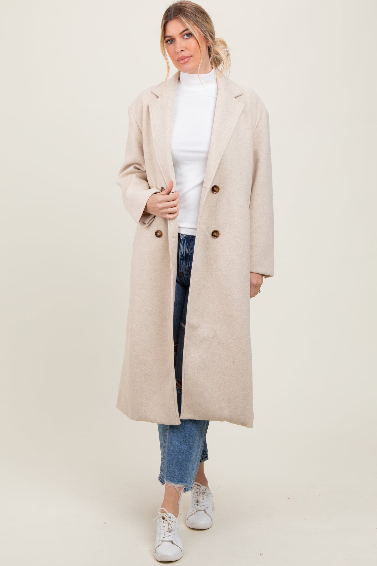 Cream Felted Double Breasted Lapel Maternity Button Coat