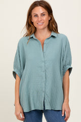 Light Olive Checker Print Short Sleeve Oversized Maternity Blouse