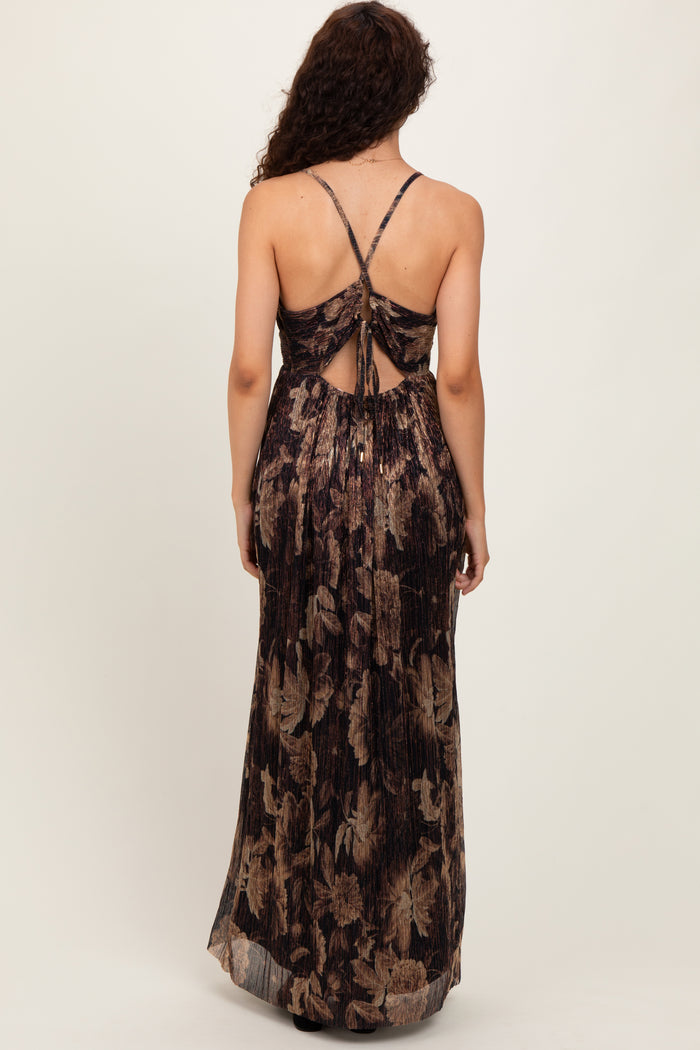 Dark Brown Floral Deep V-Neck Back Cutout Maxi Dress