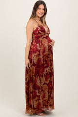 Burgundy Floral Deep V-Neck Back Cutout Maternity Maxi Dress