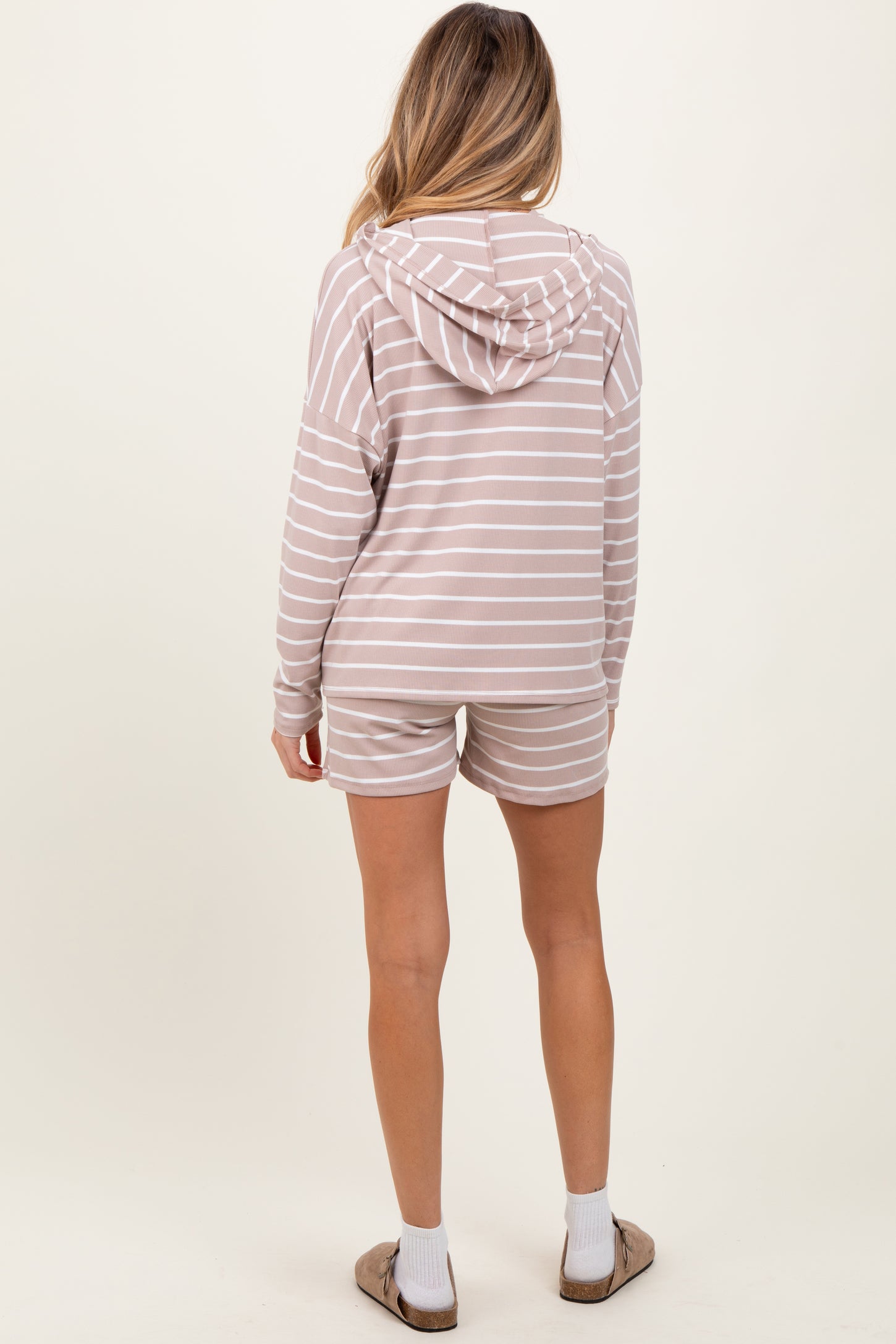 Beige Cozy Striped Ribbed Two-Piece Maternity Lounge Set