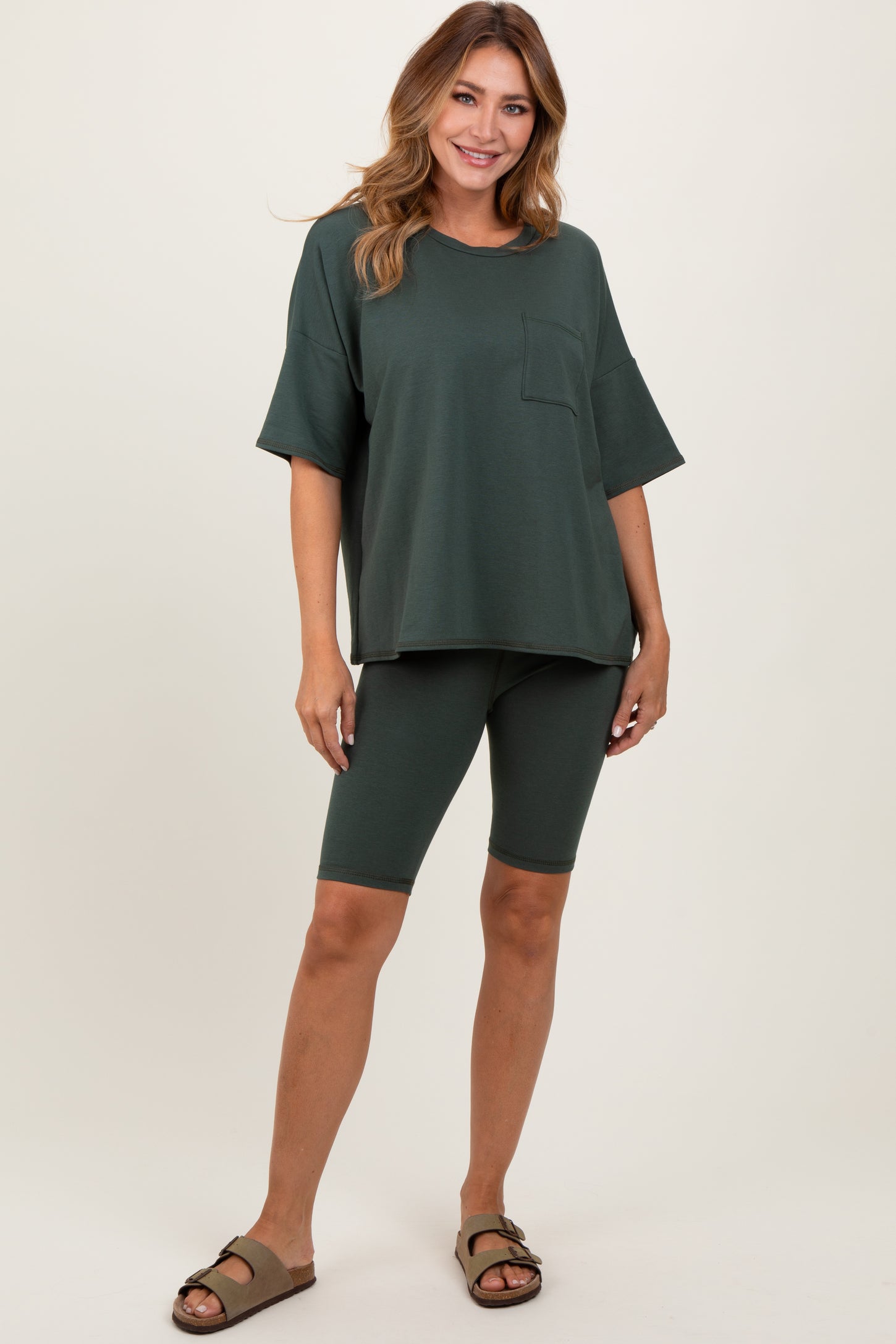 Hunter Green Oversized Short Sleeve Biker Short Maternity Set