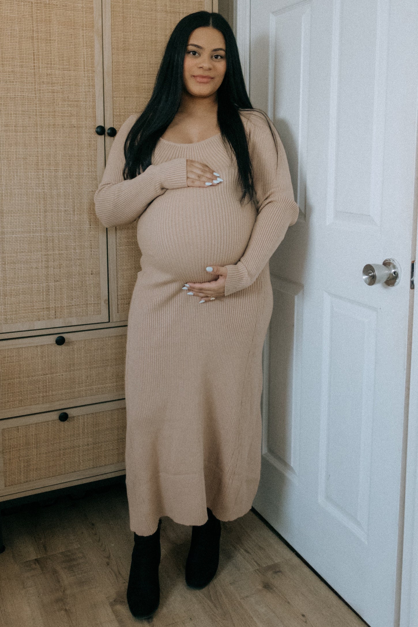 Beige Ribbed Knit Maternity Maxi Sweater Dress