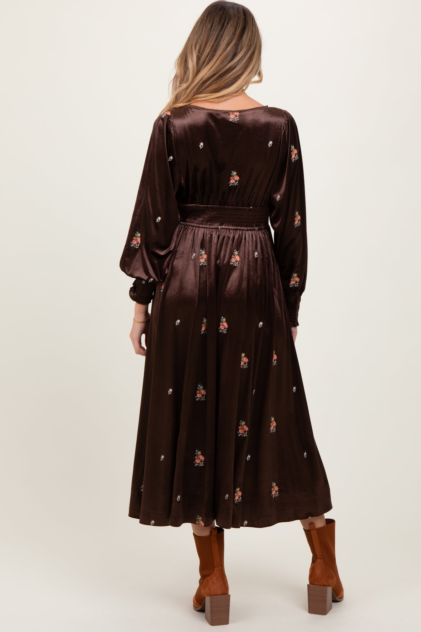 Brown Velvet Embroidered Floral Maternity Midi Dress
