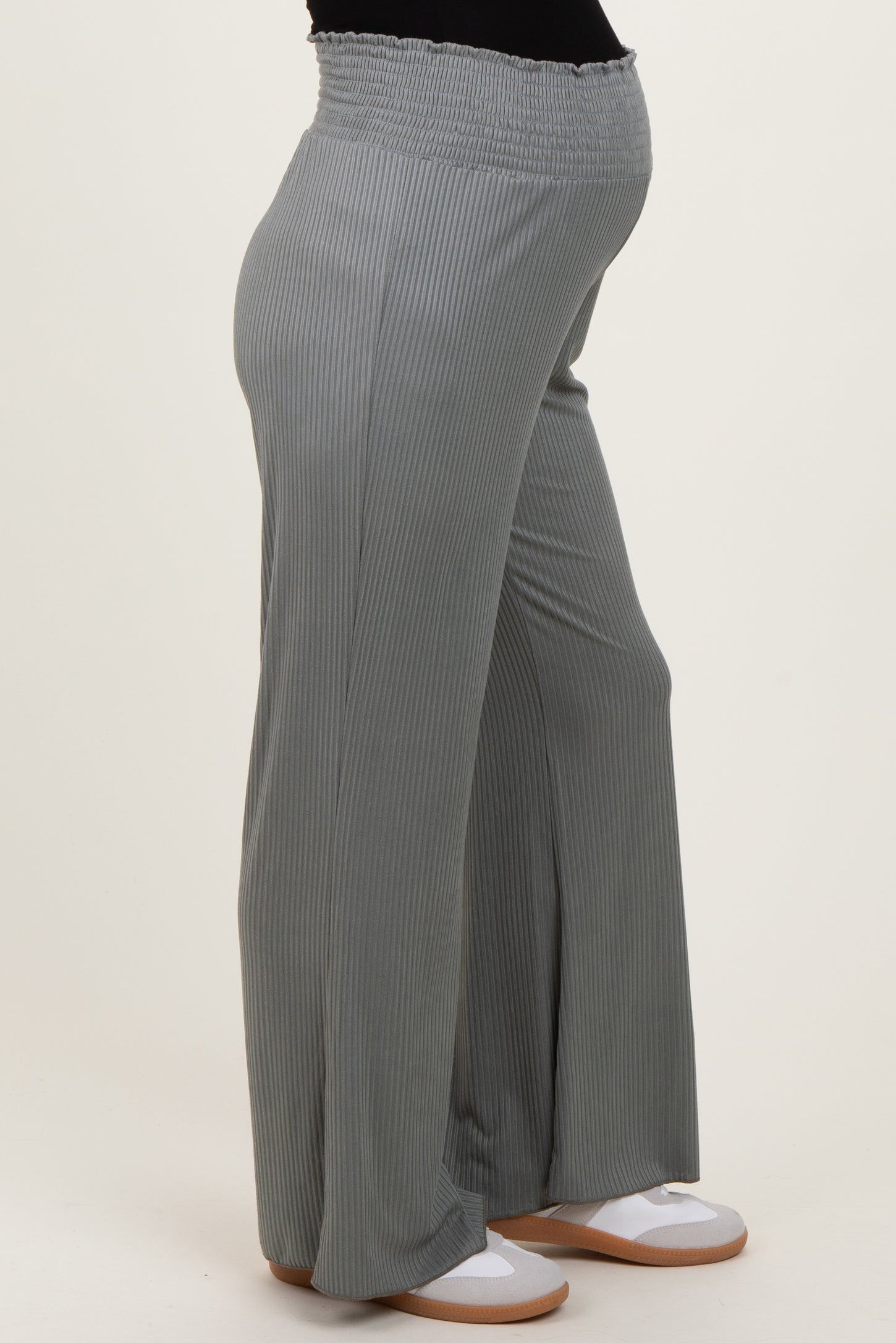 maternity wear gray ribbed wide leg pants with an elastic waistband and a visible baby bump