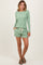 Green Striped Ribbed Long Sleeve Top Drawstring Short Set