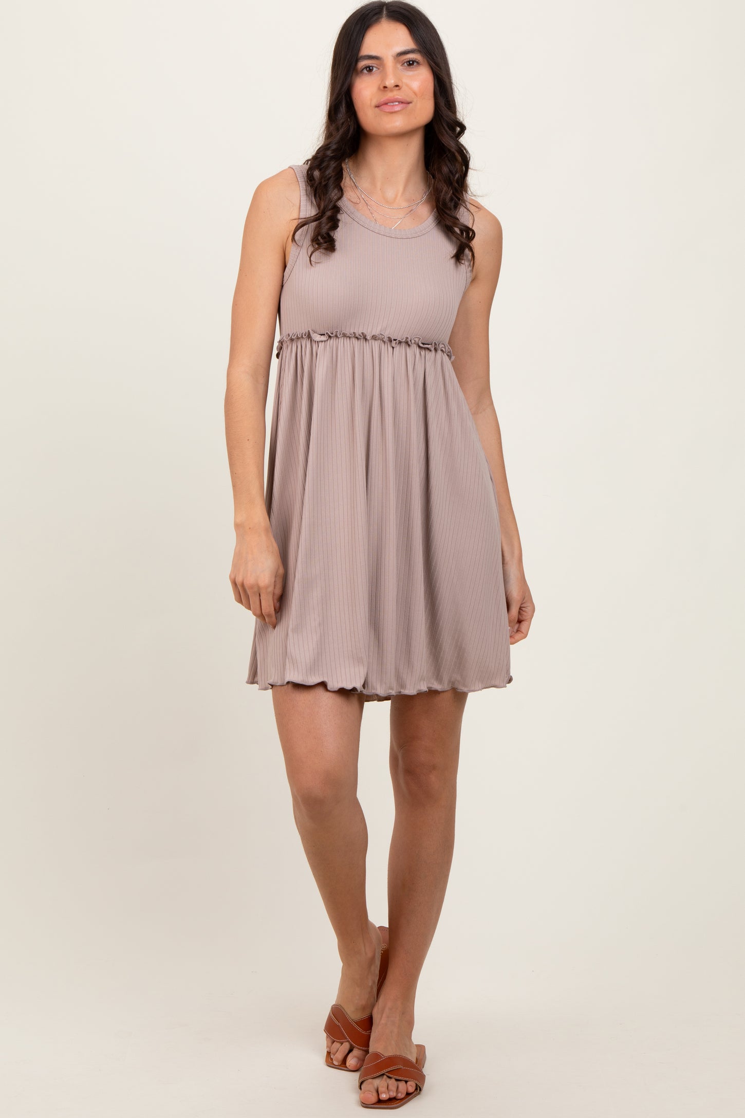 Taupe Ribbed Sleeveless Lettuce Trim Mini Dress