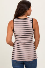 Beige Striped Ribbed Button Detail Maternity Tank Top