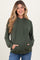 woman wearing a dark green striped maternity hoodie with a front pocket and a visible baby bump