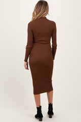 Brown Mock Neck Fitted Ribbed Knit Maternity Midi Dress