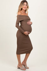Brown Ribbed Knit Off Shoulder Fold Over Maternity Midi Dress