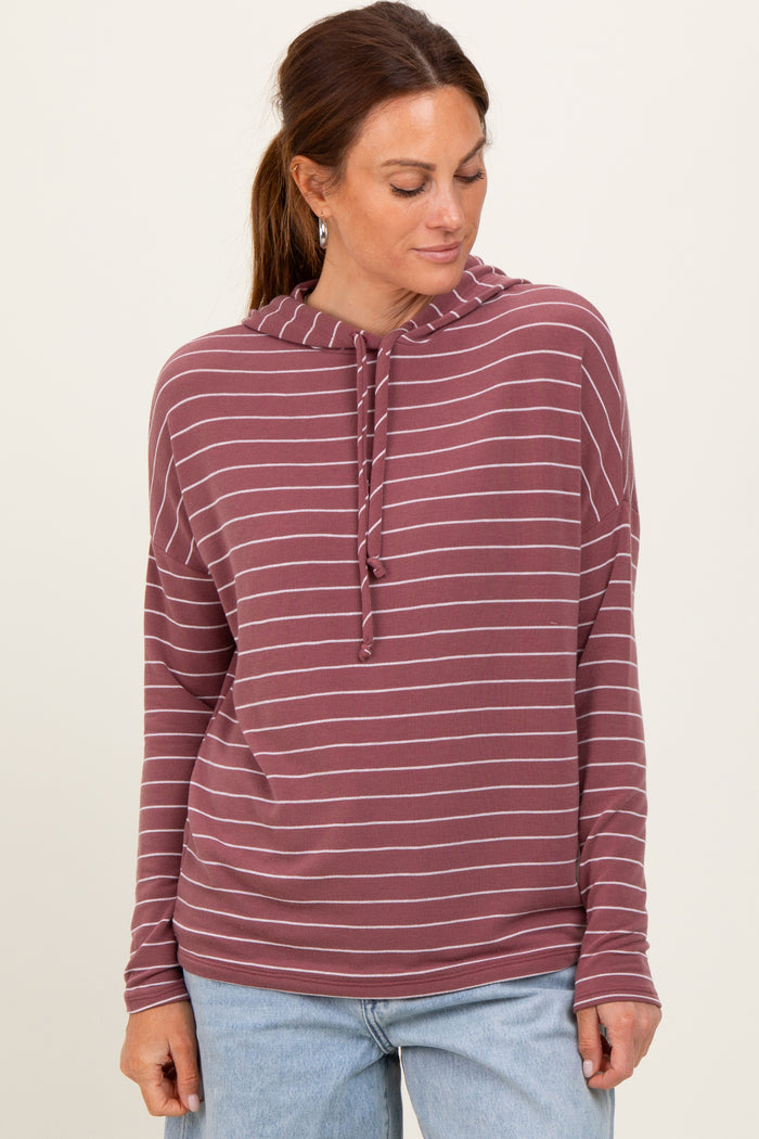 Mauve Striped Drawstring Hoodie Maternity Top