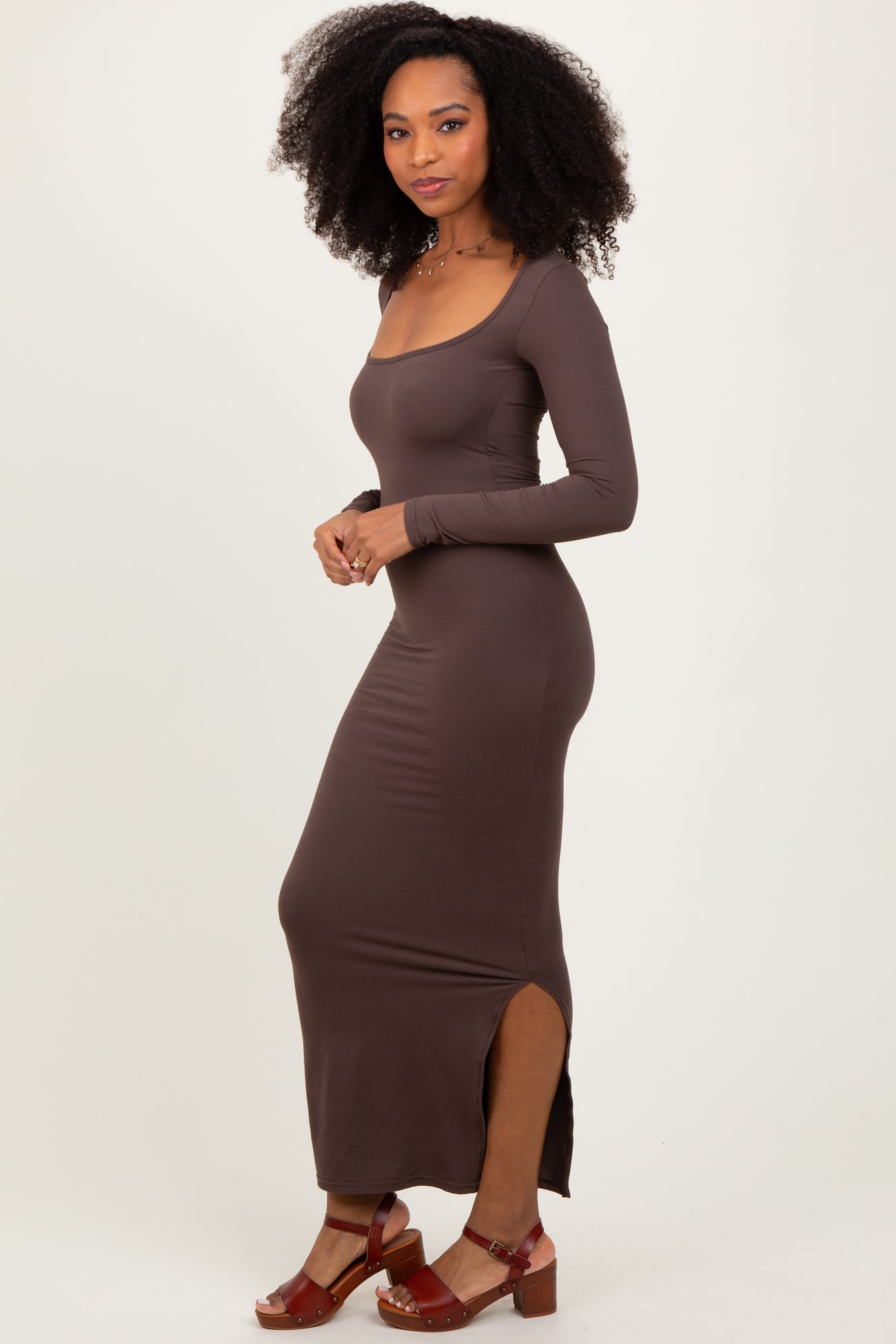 Mocha Long Sleeve Side Slit Maxi Dress
