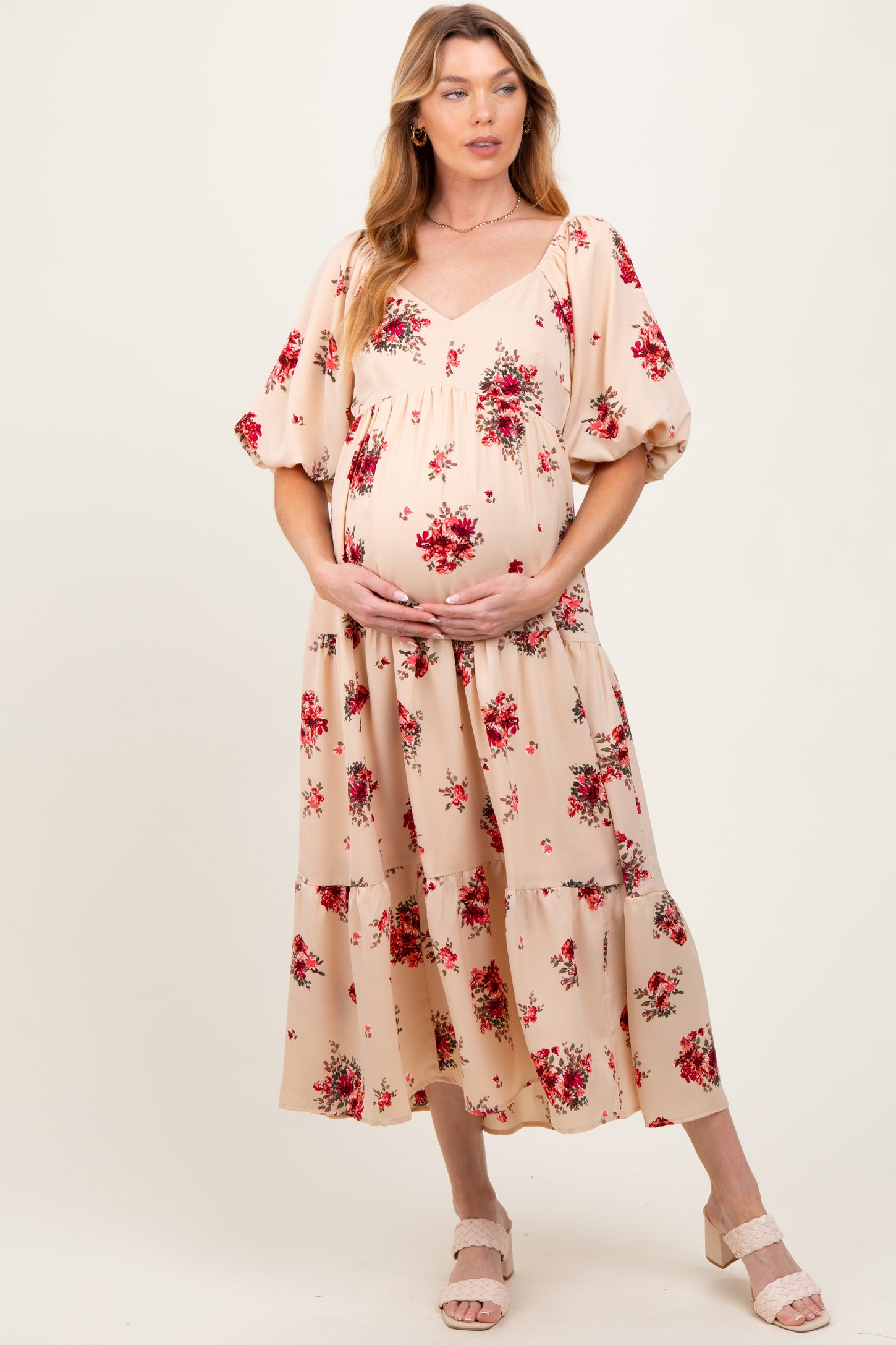 Cream Floral Puff Sleeve Maternity Tiered Maxi Dress