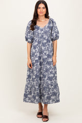 Navy Floral Tiered Puff Sleeve Midi Dress