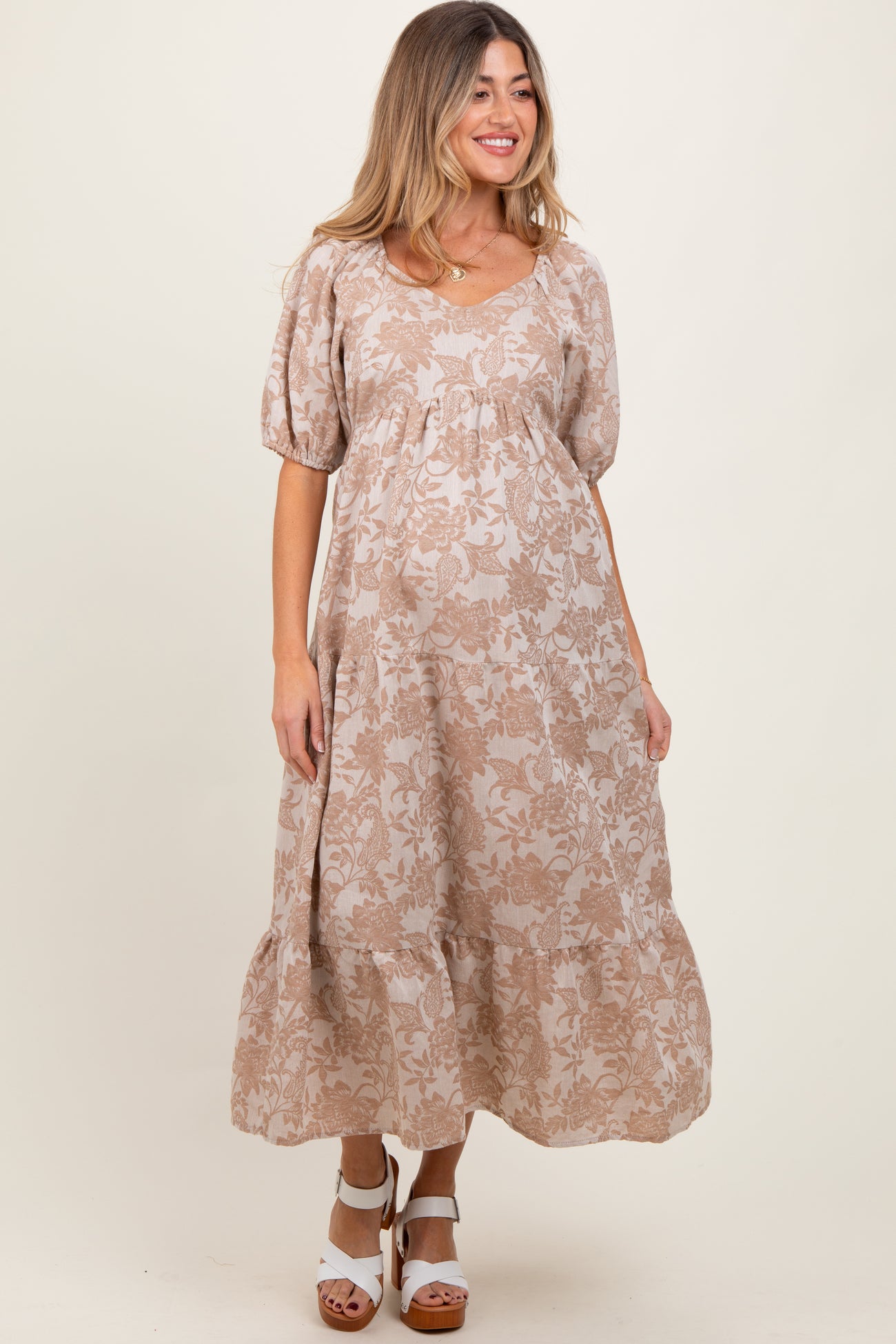 Camel Floral Tiered Puff Sleeve Maternity Midi Dress